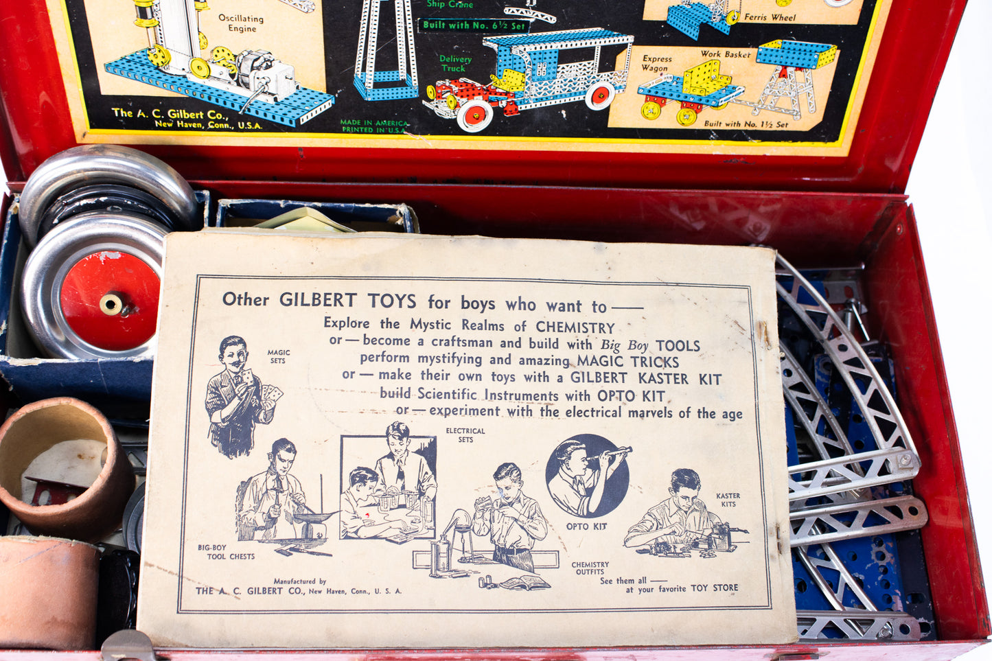 Vintage 1930s A.C. Gilbert Erector Set with Red Metal Case & Book