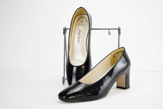 Vintage Fanfare Comfort First Black Patent Pumps Size 6.5 Christy 12 Block Heel