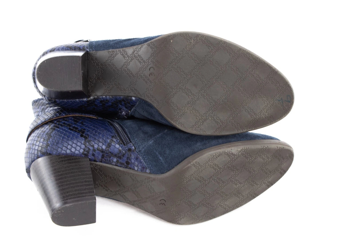 Vionic Navy Suede & Snake Print Ankle Booties – Women’s 8.5M Block Heel Zip Boot