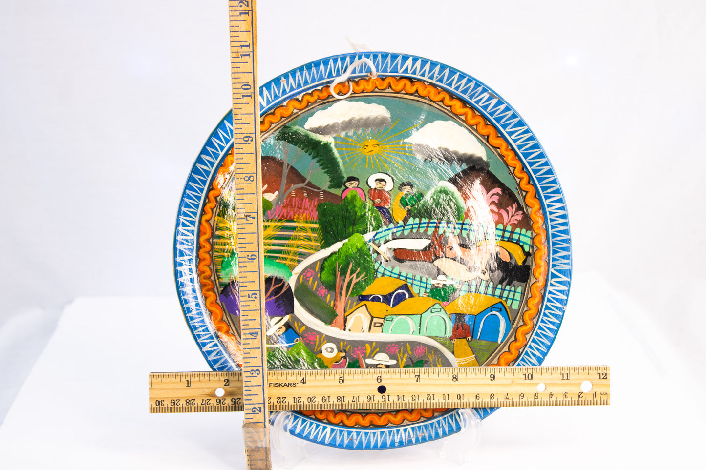 Hand Painted Folk Art Ceramic Plate Village Scene Colorful Wall Decor
