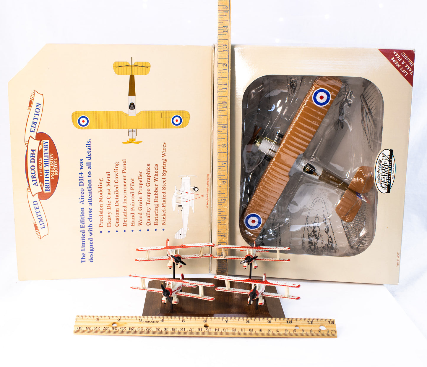 Vintage Gearbox Airco DH4 WWI Biplane Model Set with 4-Plane Display Stand