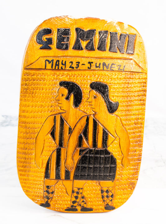 Gemini Zodiac Wood Carving, Jamaica Straw Market Folk Art 1982