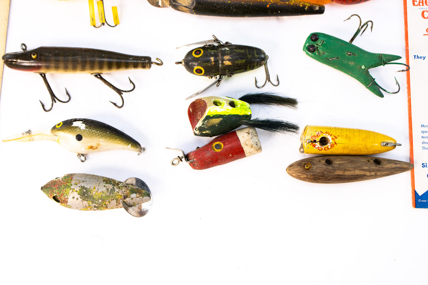Antique Wooden Fishing Lures Lot Heddon Pike Minnow River Runt Jitterbug