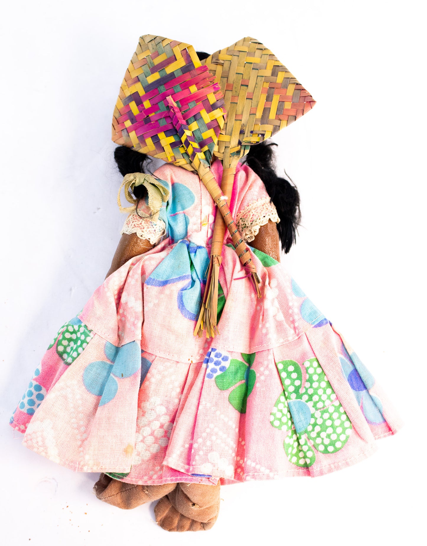 Vintage Mexican Folk Art Doll Handmade Gourd Head Palm Fan Figure