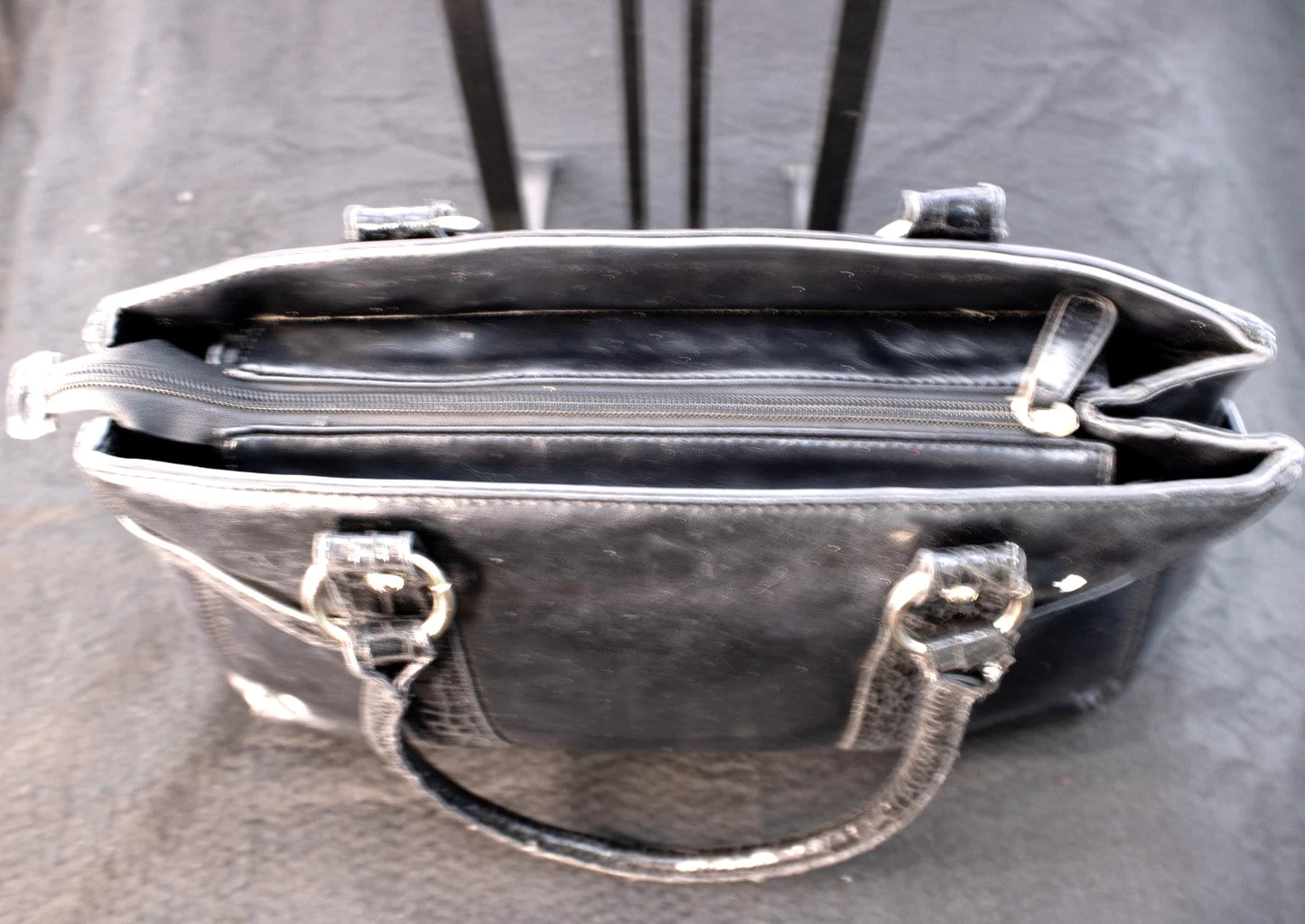 ✨ Diverso Black Patent-Trim Leather Tote – Made in Spain – Triple Compartment