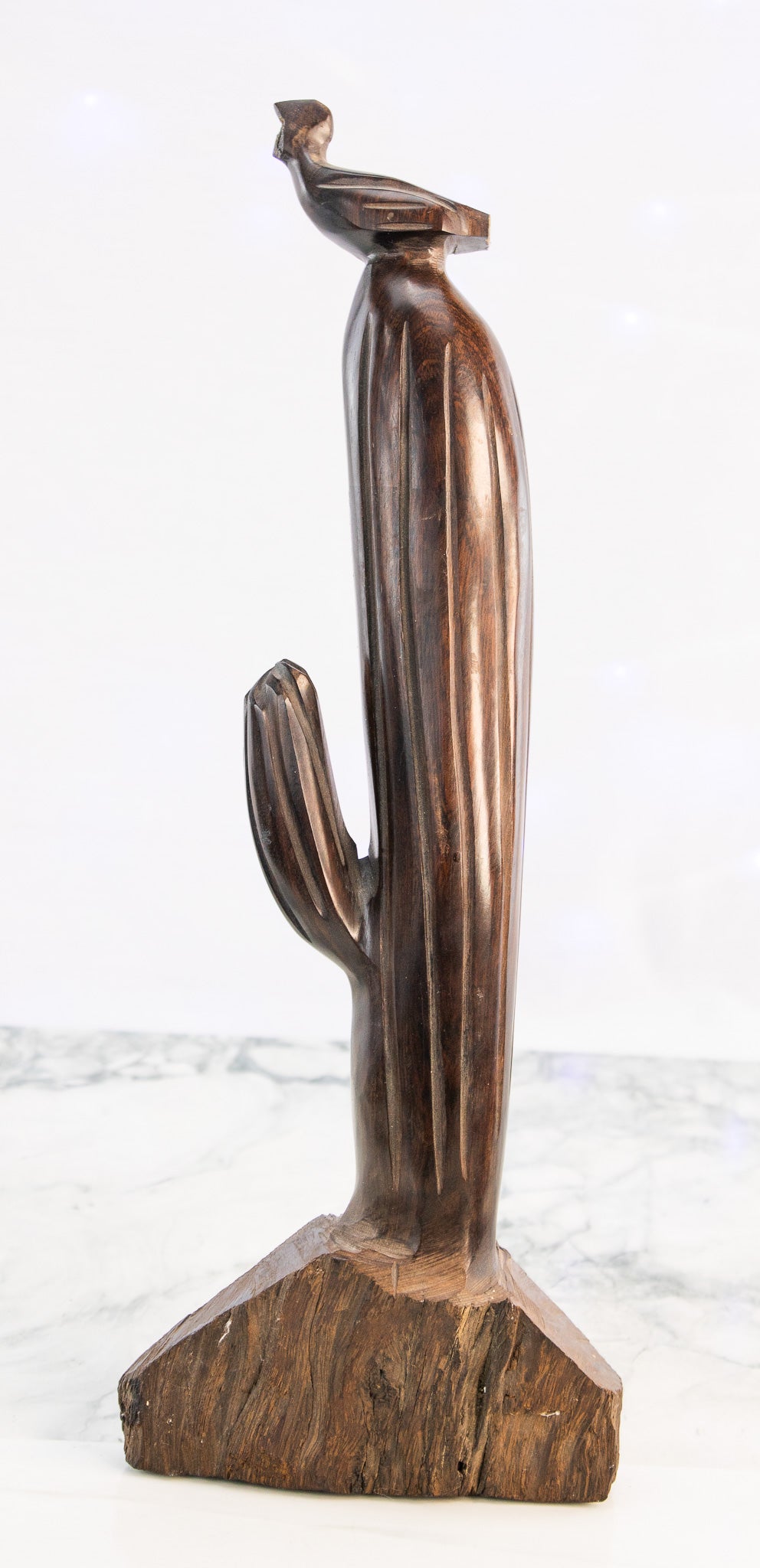 Hand-Carved Wooden Cactus Sculpture w/ Bird | Southwest Modern Folk Art | c. 1950s–70s