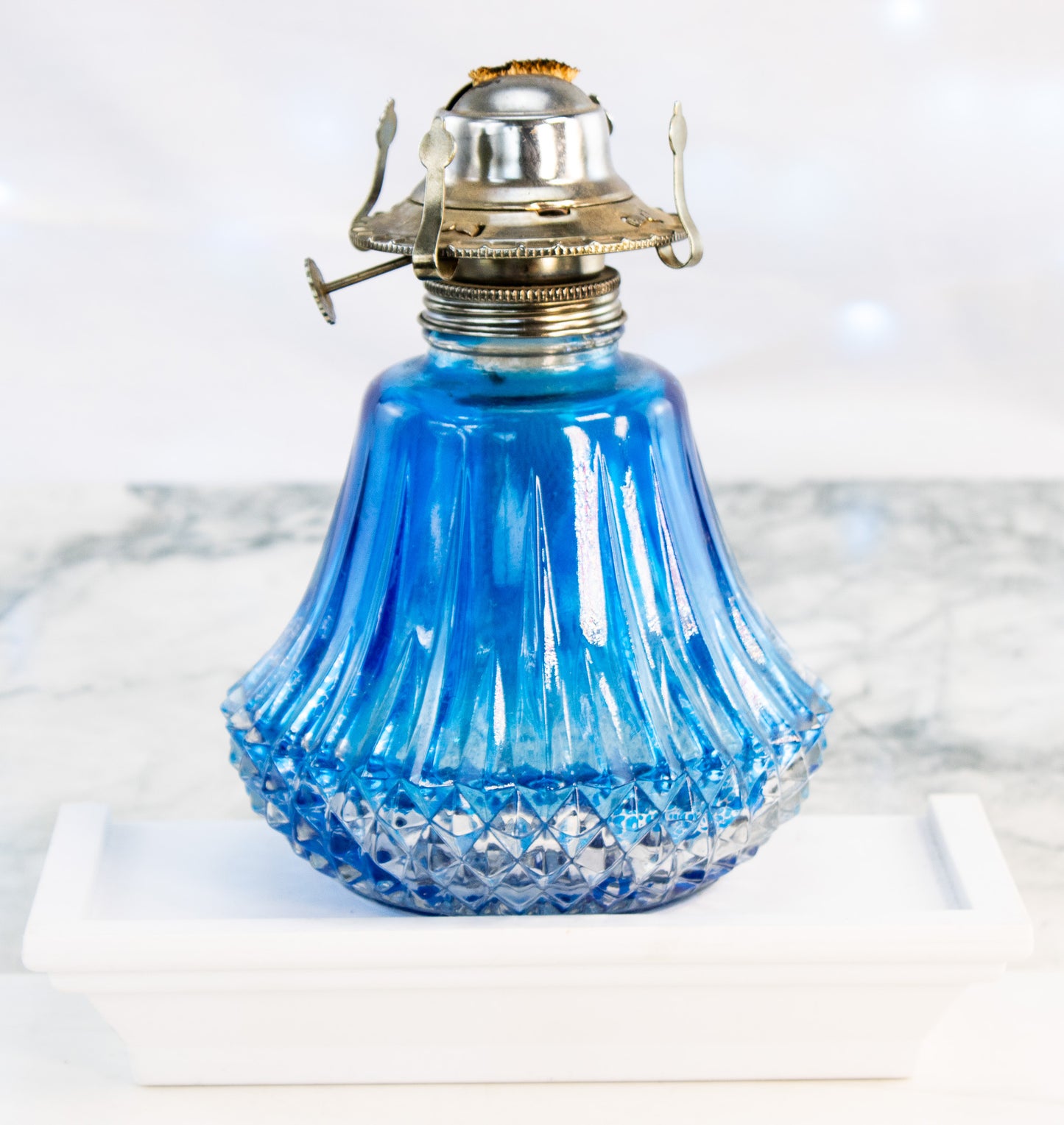 Antique Cobalt Blue Glass Oil Lamp | Victorian Pressed Glass Lighting Decor