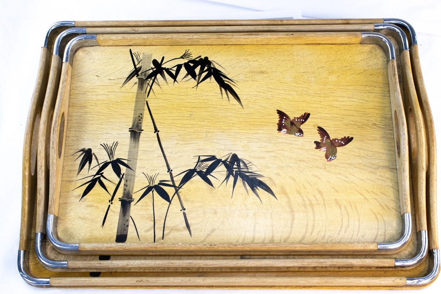 🌿 Vintage Japanese Bamboo & Bird Serving Trays – Set of 3 – Made in Japan – Mid