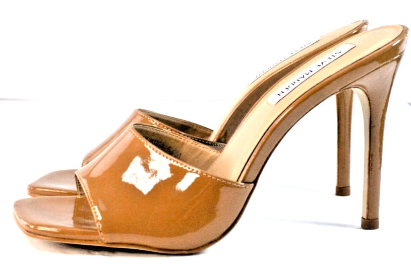 🔥 Steve Madden Tan Patent Mule Heels | Size 8.5 | Glossy Stiletto Pumps