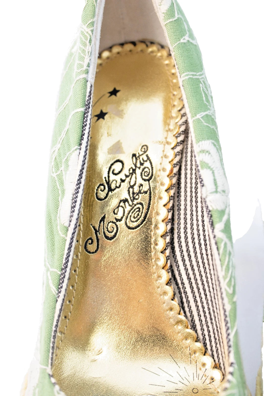 💚 Naughty Monkey Green Floral Embroidered Heels – Size 7.5 – Retro Resort Chic