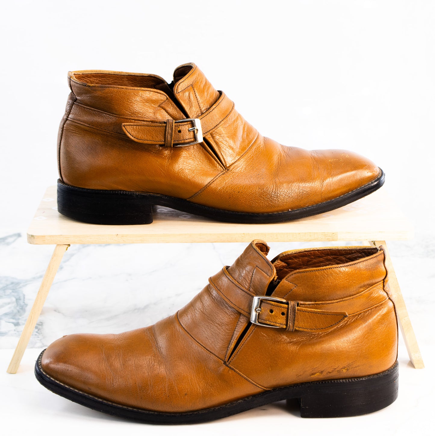 Italian Cognac Leather Buckle Boots Mens 11 Handmade Dress Boots