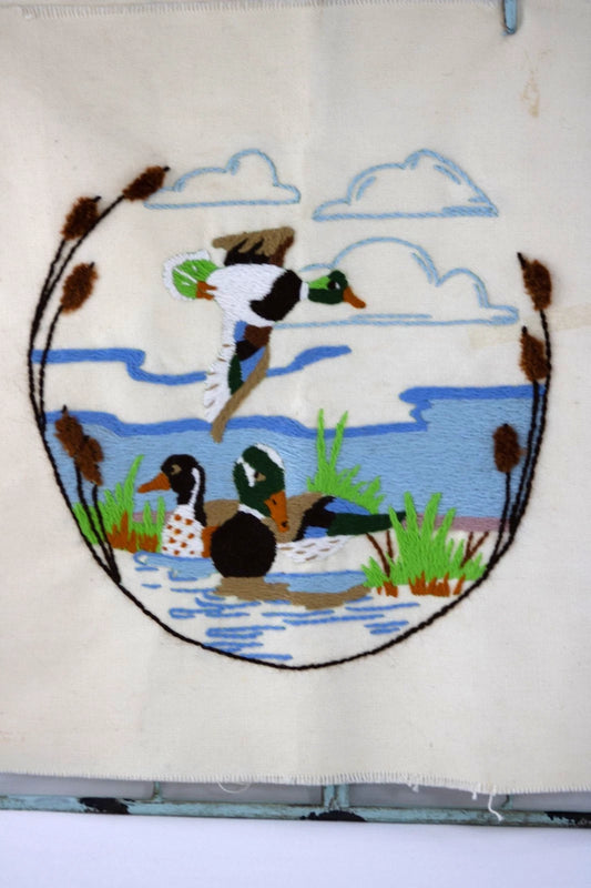 Vintage Hand Embroidered Duck Scene | Mallards at the Marsh | Rustic Cabin Decor