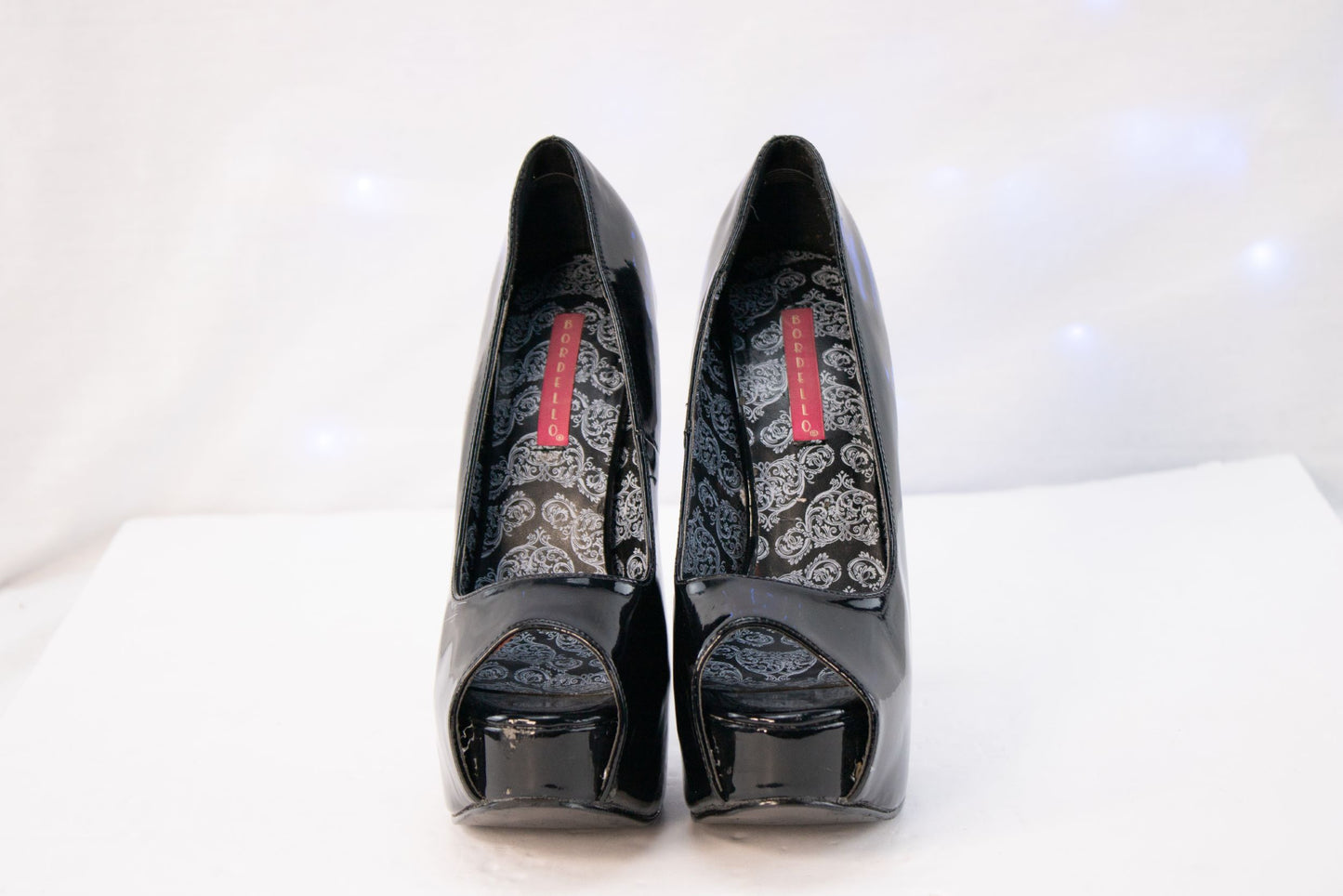 Bordello Black Patent Platform Peep Toe Stiletto Heels Womens