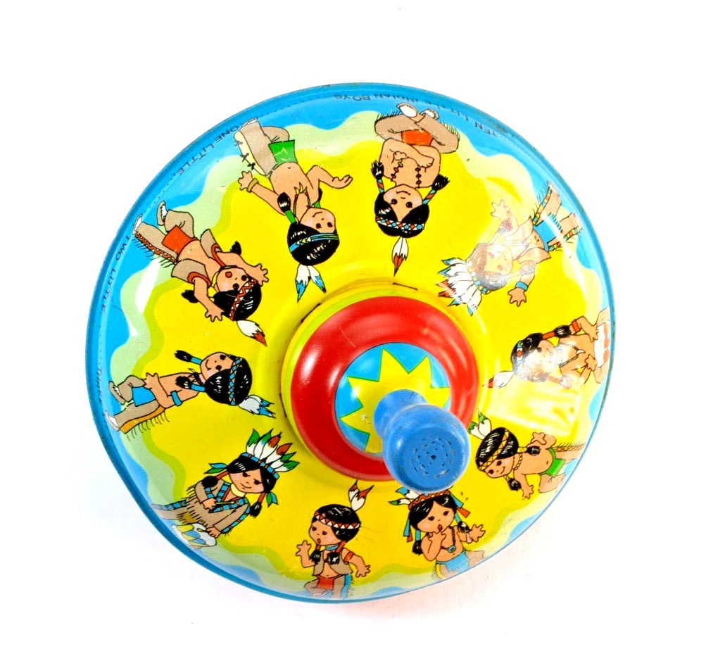 🎯 Vintage Ohio Art Tin Litho Spinning Top – Native American Kids Design – 1960s