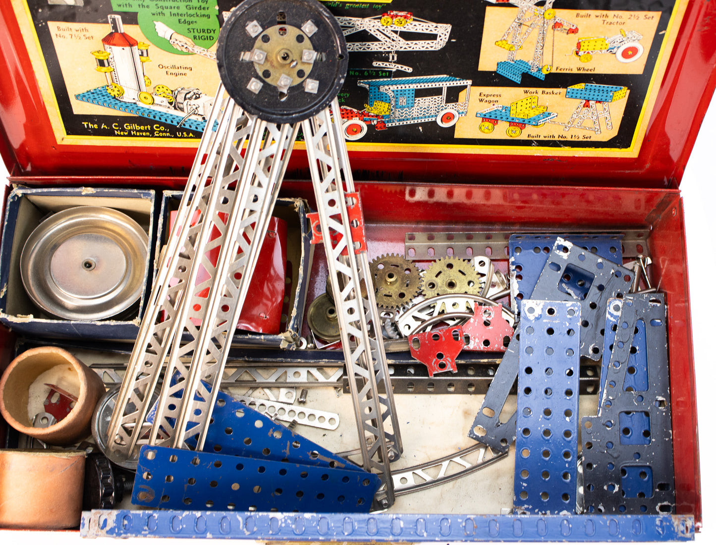 Vintage 1930s A.C. Gilbert Erector Set with Red Metal Case & Book
