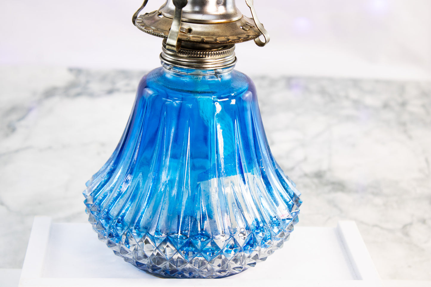 Antique Cobalt Blue Glass Oil Lamp | Victorian Pressed Glass Lighting Decor