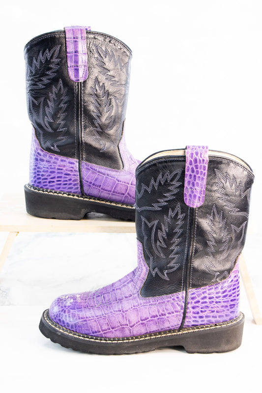 Old West Youth Cowboy Boots Purple Croc Print Black Western Y4