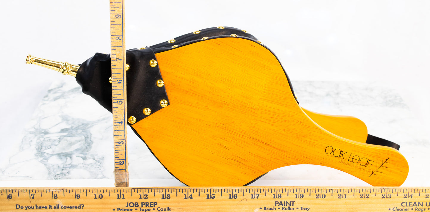 Oak Leaf Fireplace Bellows Wood & Leather Gold Studded Hearth Tool