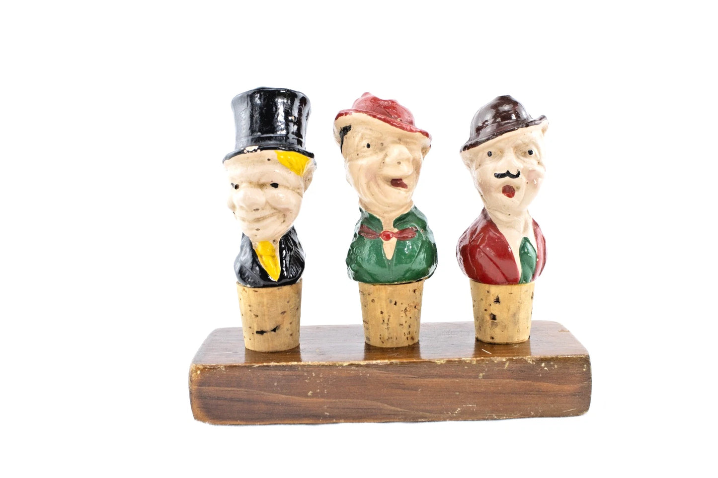 🧢 Vintage Figural Bottle Stoppers – Laurel & Hardy + W.C. Fields – Wood Bar