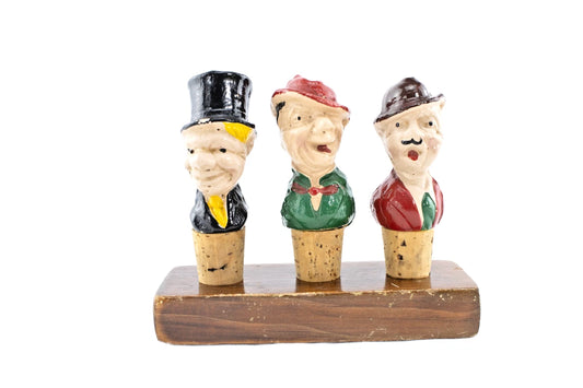 🧢 Vintage Figural Bottle Stoppers – Laurel & Hardy + W.C. Fields – Wood Bar