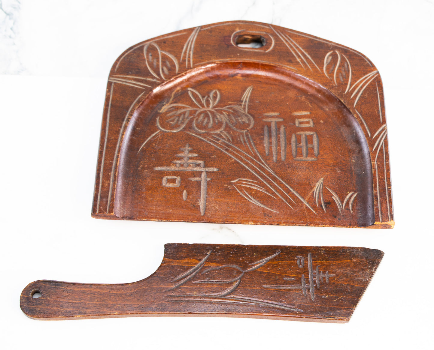Hand-Carved Asian Wooden Crumb Tray & Scraper Set