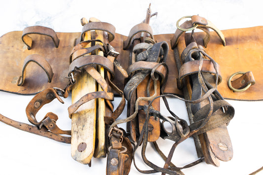 Antique Strap-On Ice Skates Set w/ Leather Carrier – c. 1880–1915