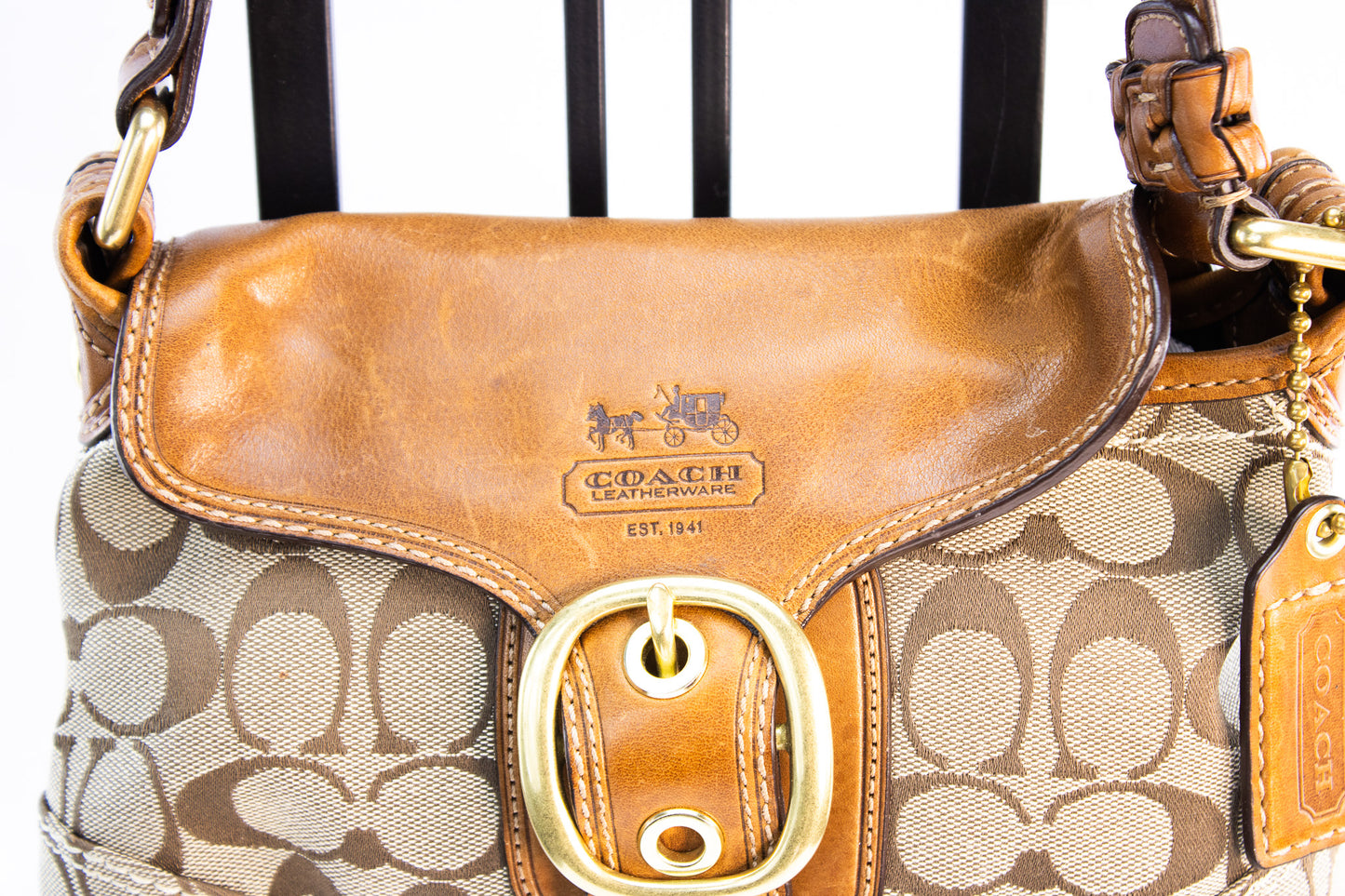 Vintage Coach Signature Canvas Shoulder Bag with Leather Buckle