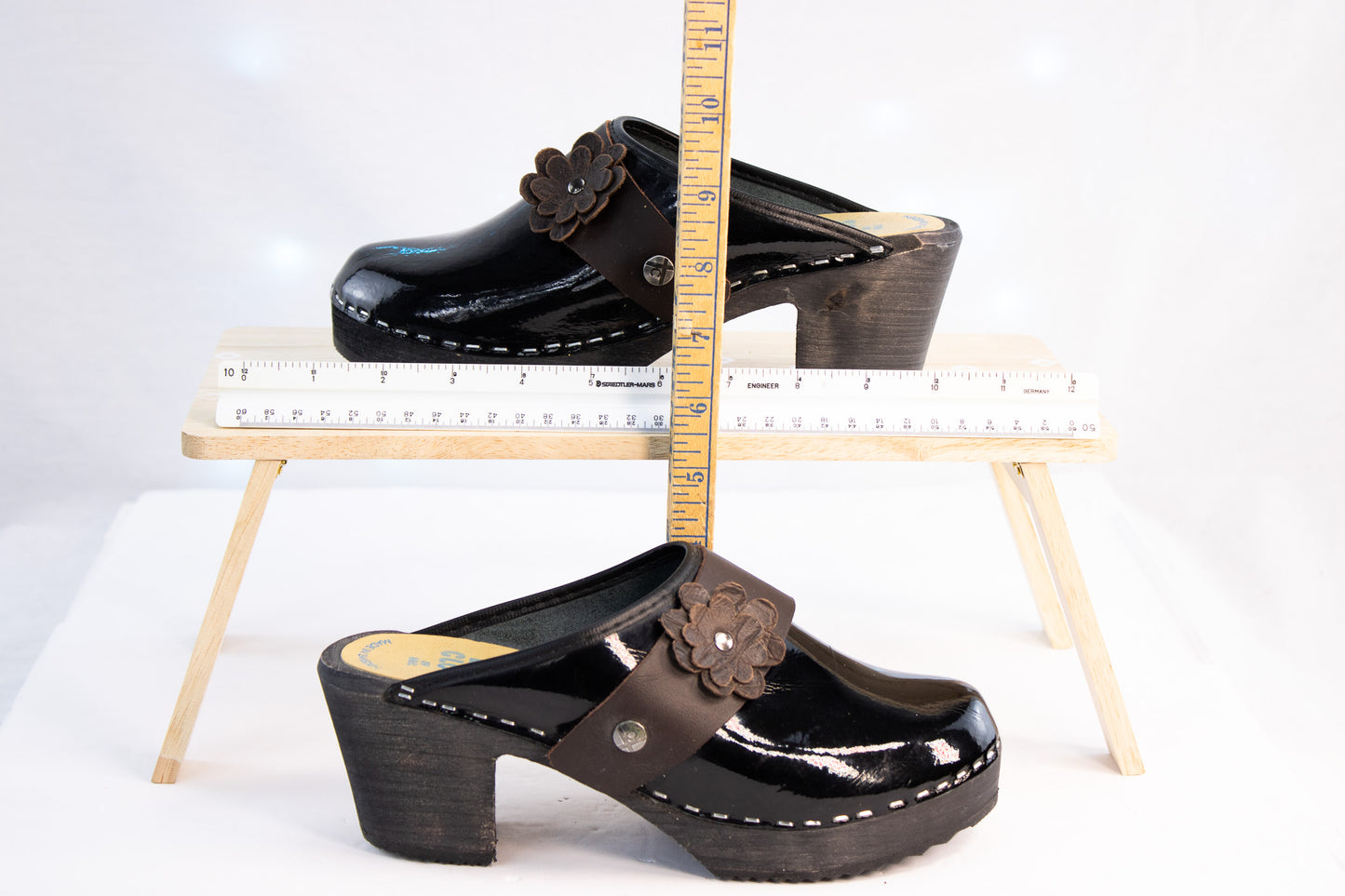 Vintage Tessa Clogs of Vail Black Patent Leather Swedish Heeled Clogs EU 38