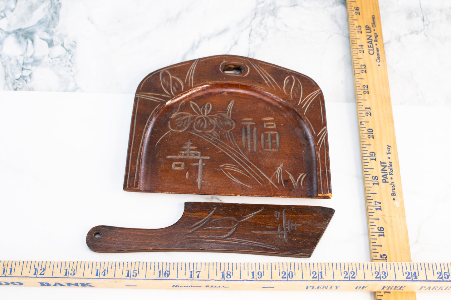 Hand-Carved Asian Wooden Crumb Tray & Scraper Set