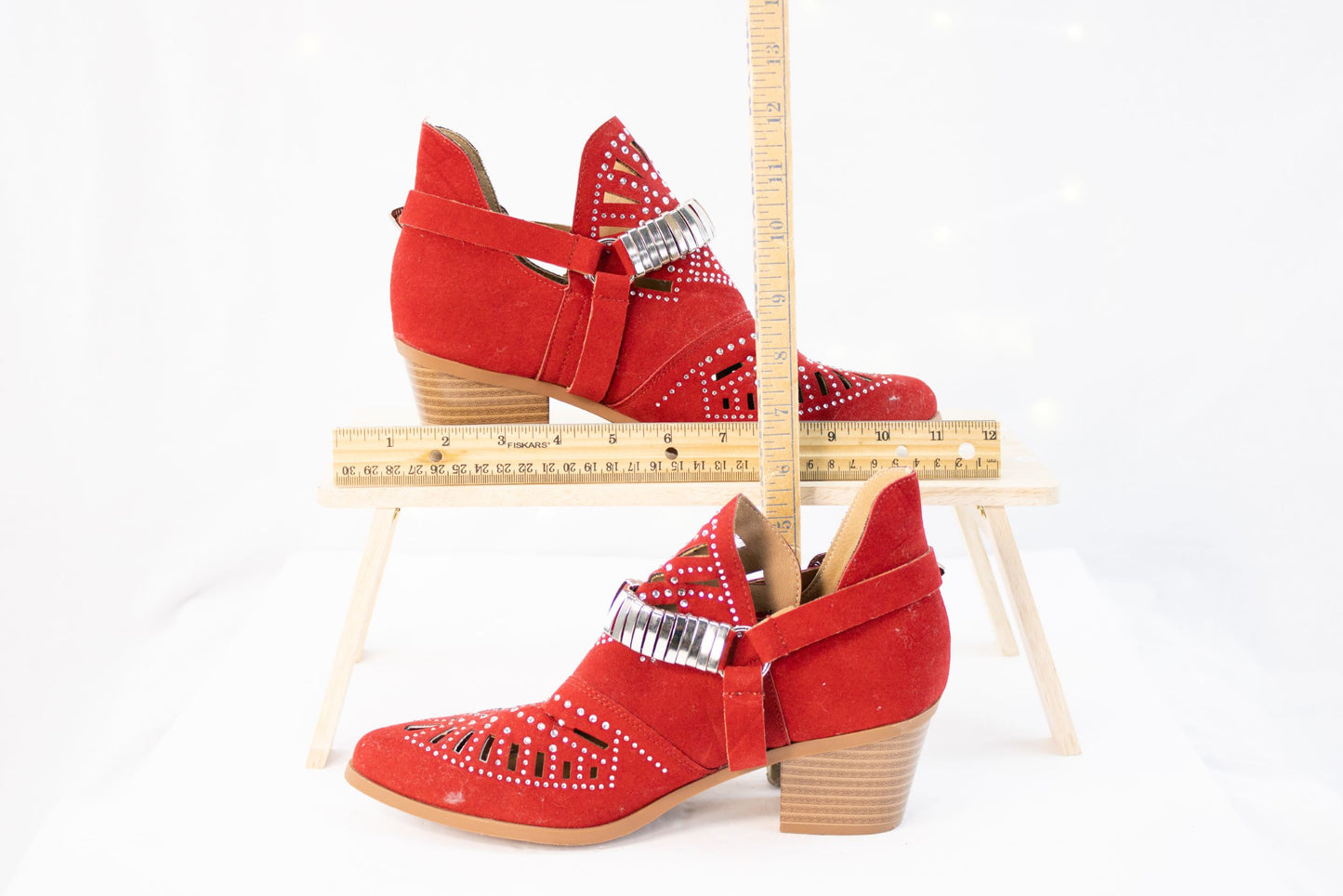 Red Studded Western Ankle Booties Womens 8 8.5 EU39 Suede Buckle Heel