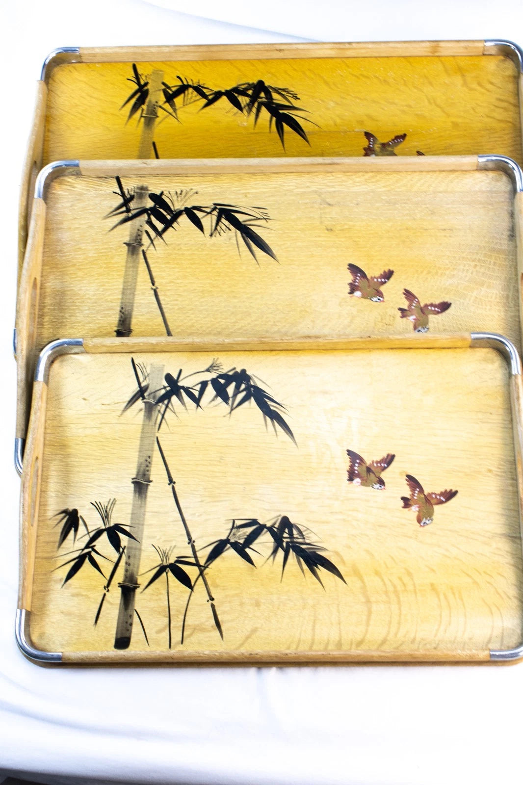 🌿 Vintage Japanese Bamboo & Bird Serving Trays – Set of 3 – Made in Japan – Mid