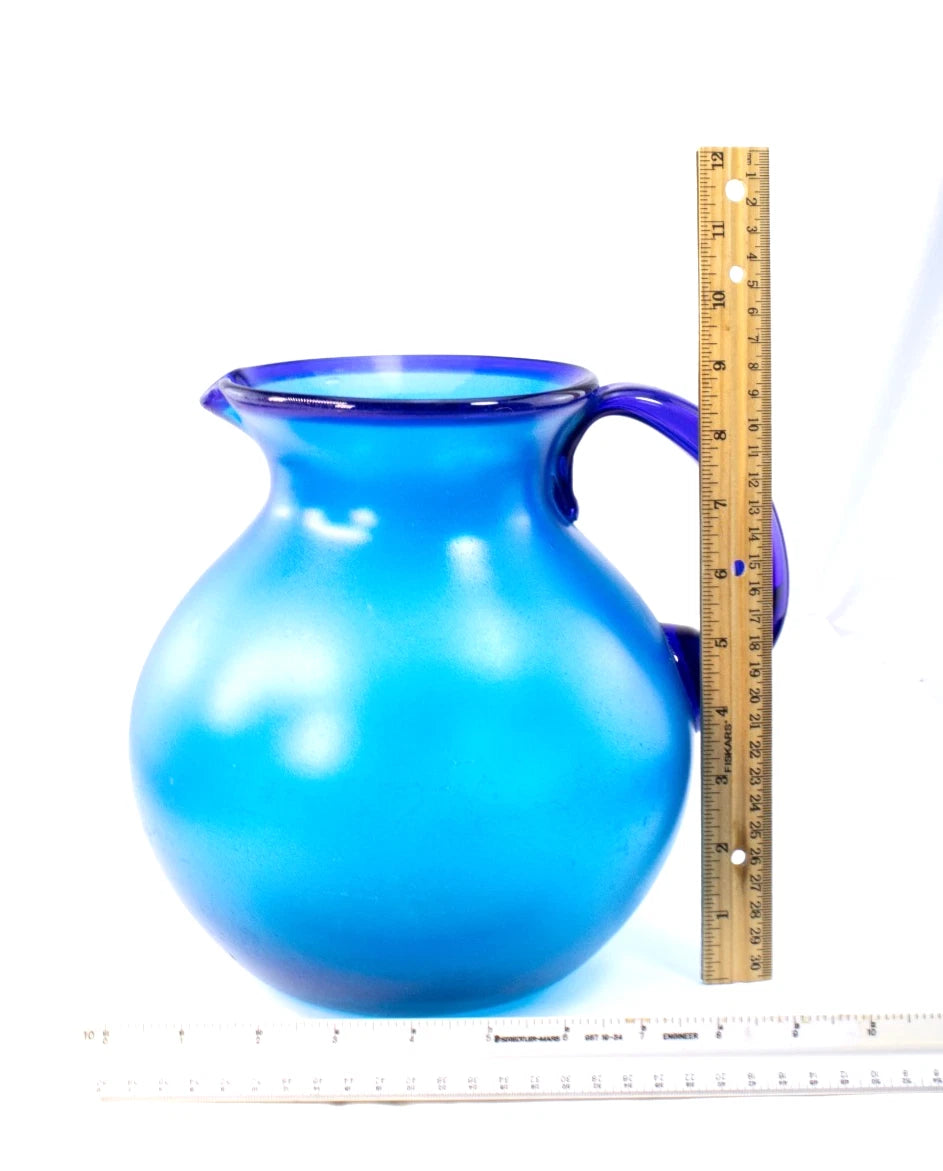 Vivid Cobalt Blue Hand-Blown Art Glass Pitcher / Vase — Frosted Finish, 10.5"