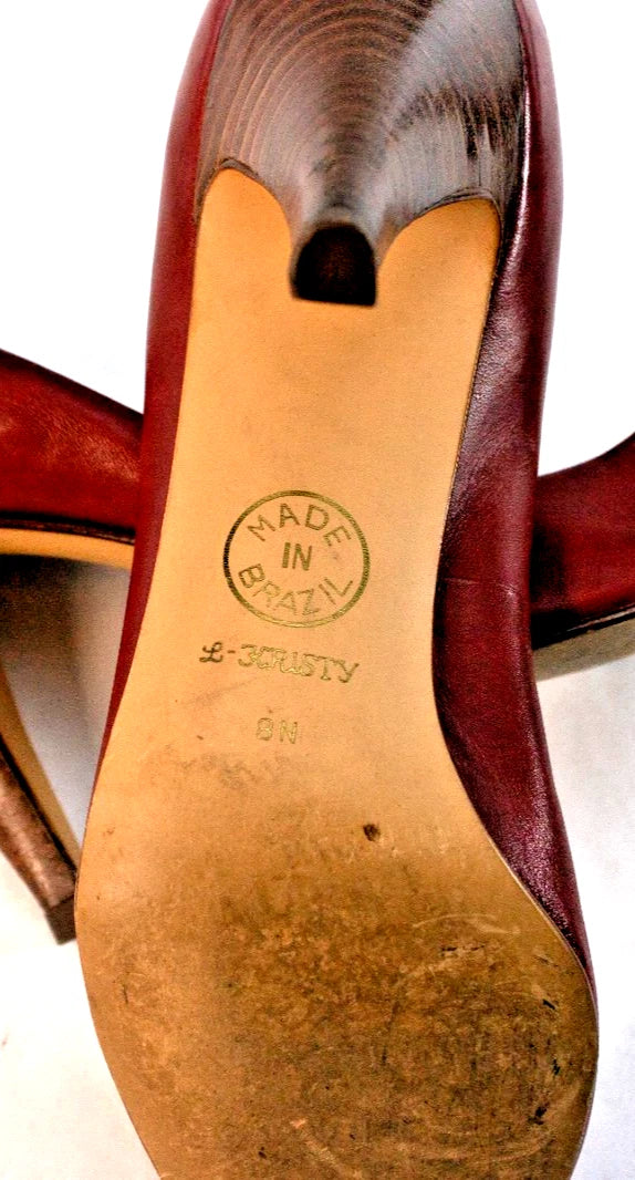 Nine West Burgundy Leather Peep-Toe Heels (Size 8N, Made in Brazil)