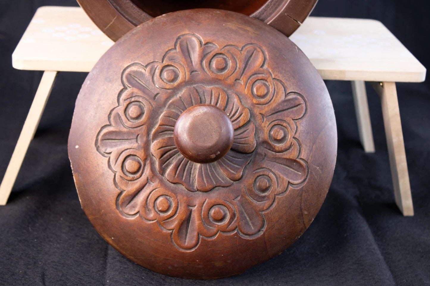 Vintage Hand-Carved Hardwood Floral Jar w/Lid Rustic Artistry from the Old World